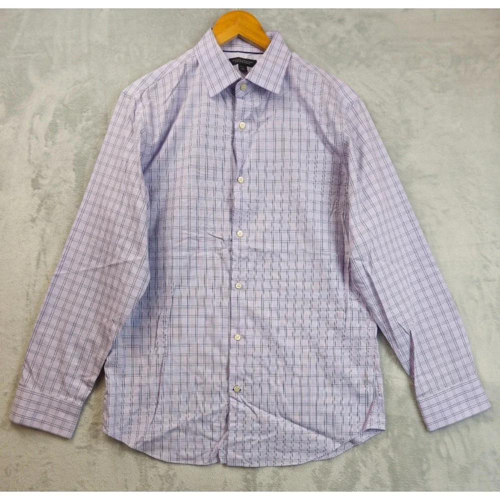 Banana Republic Slim Fit Cotton Purple Gray Gingham Plaid Shirt Mens Large